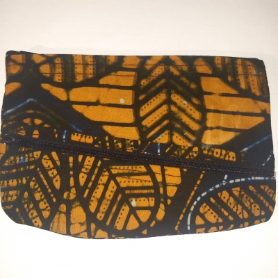 Trousse plate 2 poches en Wax orange doux et bleu