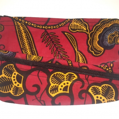 Trousse plate 2 poches en Wax rouge noir et jaune