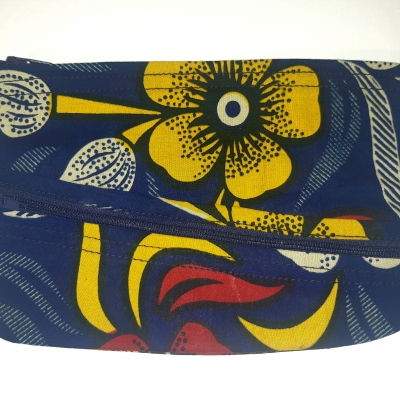 Trousse plate 2 poches en Wax bleu jaune rouge