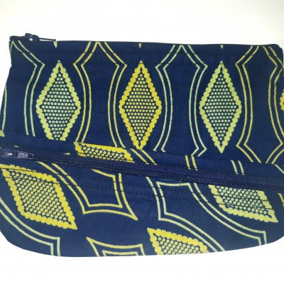 Trousse plate 2 poches en Wax bleu et vert pomme